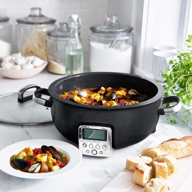 Мультифункціональний електричний мультиварка GreenPan Elite Essential 5,6 л, керамічне антипригарне покриття без PFAS, LED-дисплей, автоматичні програми, чорний колір, для смаження, тушкування, варіння та приготування рису, знімні частини для посудомийки