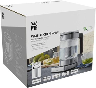 Електричний чайник-заварник WMF Küchenminis 2 в 1 з регулюванням температури, 1 л, 1900 Вт, скло, з тримачем для чайних пакетиків та ситом