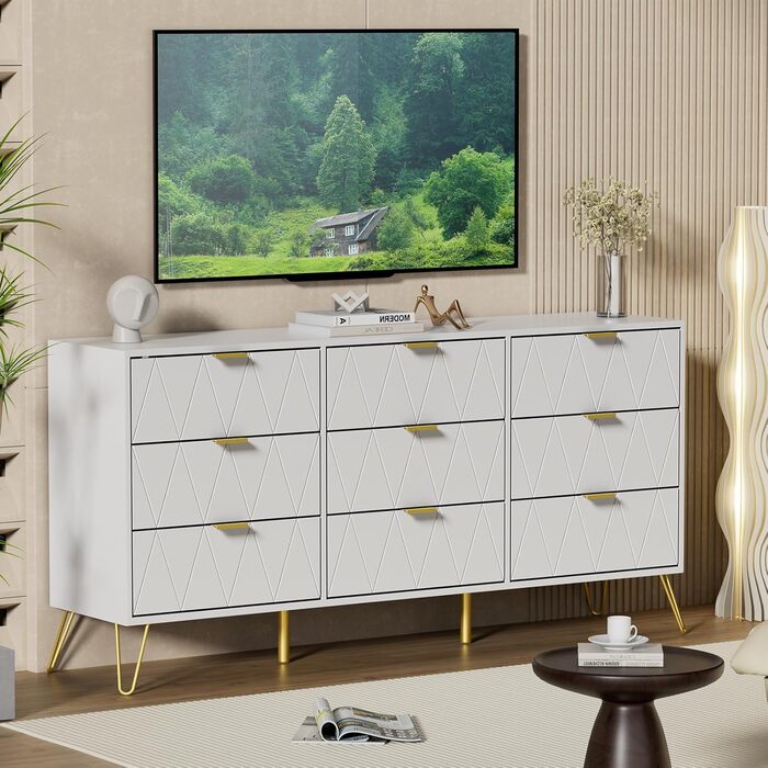 Комод UEV з 9 шухлядами 150x34x74 см, сучасний білий шафа-сайдборд для вітальні, спальні, передпокою