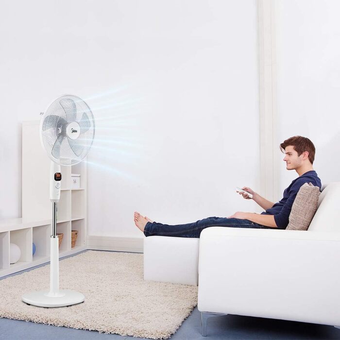 Вентилятор підлоговий Midea FS40-16CR з DC-мотором, 12 швидкостей, тиха робота 27 дБ, дистанційне керування, LED-дисплей, таймер 12 год, 4 режими, енергозбереження, 5 лопатей, регульована висота, білий
