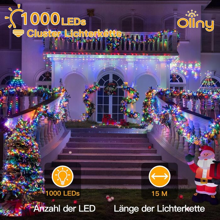 Світлодіодна гірлянда Ollny Cluster 1000 LED, 15м, багатоколірна (Bunt) — водонепроникна IP44 для вулиці, ялинки та декору, 8 режимів роботи та таймер
