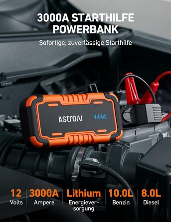 Пусковий пристрій AstroAI Powerbank для автомобіля (ПКВ), портативний бустер з USB QC 3.0, світло-помаранчевий