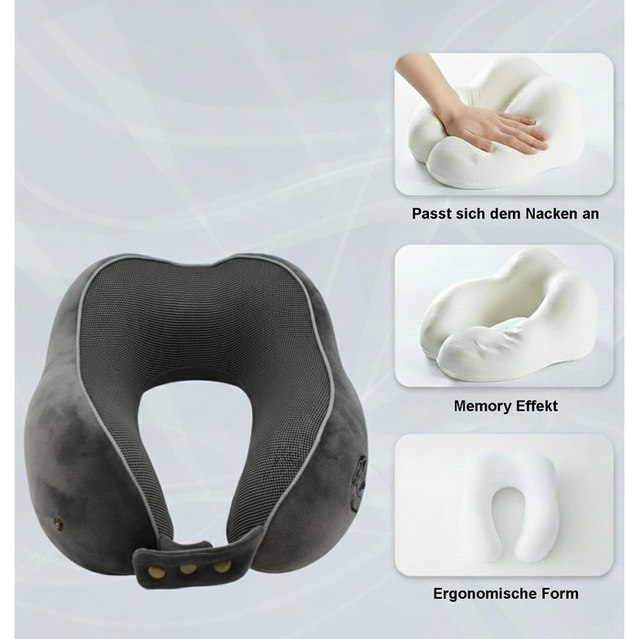 Подорожня подушка-опору для шиї U-подібна з ефектом пам'яті (Memory Foam), м'який вельветовий чохол, сіра (Raws Essentials)