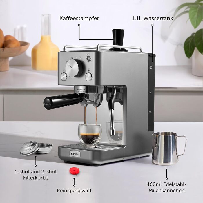 Кавомашина Breville Barista Slim VCF185X с молоковідбійником, 15 бар, срібляста - для капучино та лате