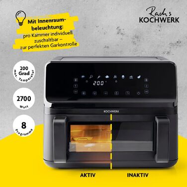 Аерофритюрниця Rachs KOCHWERK Vario-Doppelkammer 9 л з подвійною камерою, сенсорним керуванням та 8 програмами, 2700 Вт, чорна