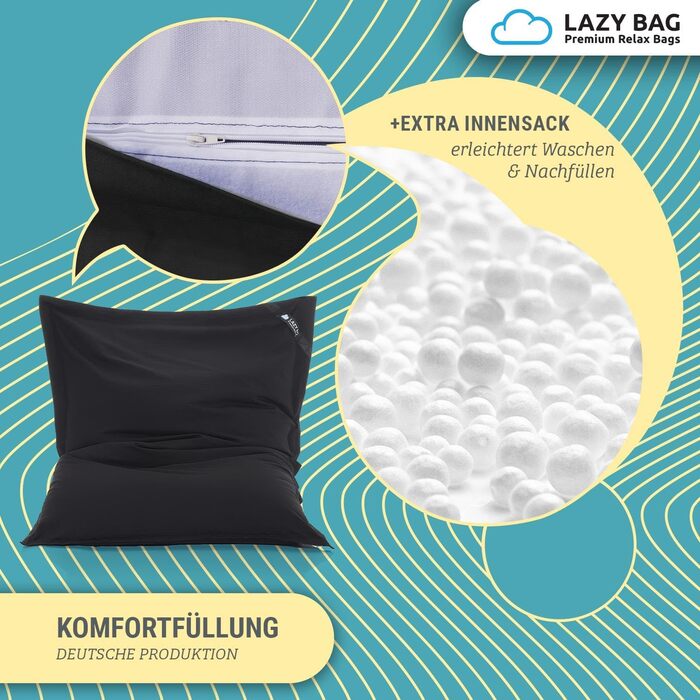 Оригінальний мішок-крісло LAZY BAG XXL 180x140 см, 400 л, бавовна, ергономічний, чорний, знімний чохол
