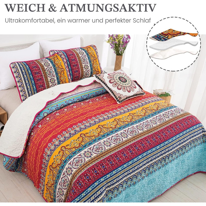 Постільна покривало WONGS BEDDING Boho 3-предметний комплект (220x240 см) з 2 наволочками 50x70 см, стібана ковдра з мікрофібри для спальні та дивана, Беміс