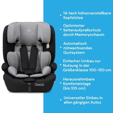 Дитяче автокрісло Booboo Safety Berlin i-Size без Isofix, від 1 року, для зросту 76-150 см, зростаюче, чорний/сірий
