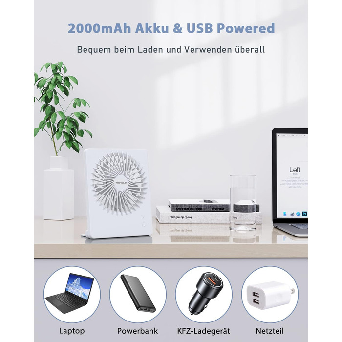 Портативний USB вентилятор TriPole з акумулятором 2000mAh, 3 швидкості, тихий (30дБ), регульований кут 80°, для офісу, подорожей, білий