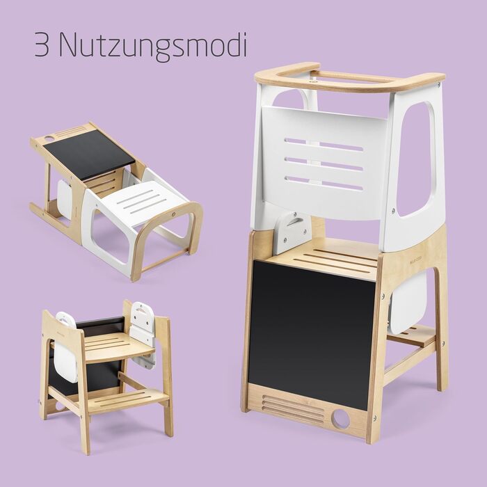 Дитяча Montessori-драбинка Maxi-Cosi Toucan 3-в-1 з дерева: помічник (лернтурм), стілець та стіл з інтегрованою дошкою, FSC-сертифікована натуральна деревина, навантаження до 150 кг
