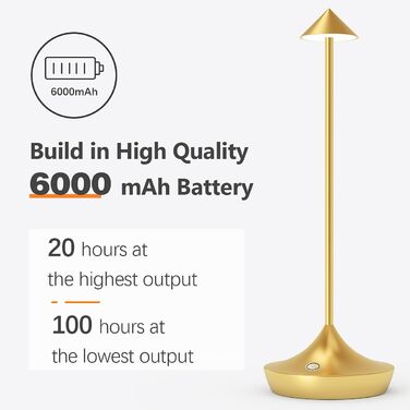 Набір із 2 бездротових LED настільних ламп Bravzurg, 6000 мА·год, диміруємі, алюмінієві, водонепроникні, для дому, тераси, ресторану, золоті