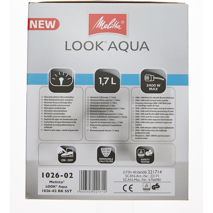 Електрочайник Melitta Look Aqua 1026-02, 1,7 л, 2400 Вт, чорний, з автоматичним вимкненням, захистом від перегріву та прихованим нагрівальним елементом