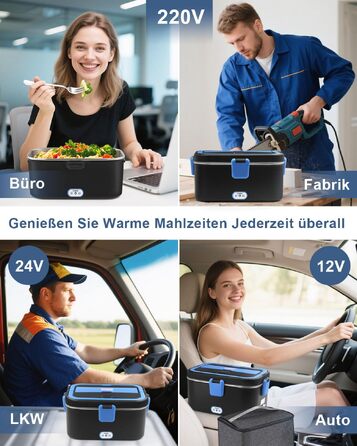 Електричний ланч-бокс AUTOPkio 1.8Л 80Вт (12В/24В/220В) — Підігрівач їжі з нержавіючої сталі для авто, вантажівок та офісу, чорно-синій