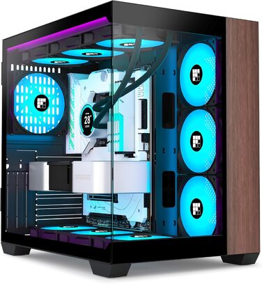 Ігровий корпус FOIFKIN M9 ATX Mid-Tower, чорний, з дерев'яною горіховою передньою панеллю, трьома встановленими PWM ARGB вентиляторами, 270° панорамним склом, Type-C