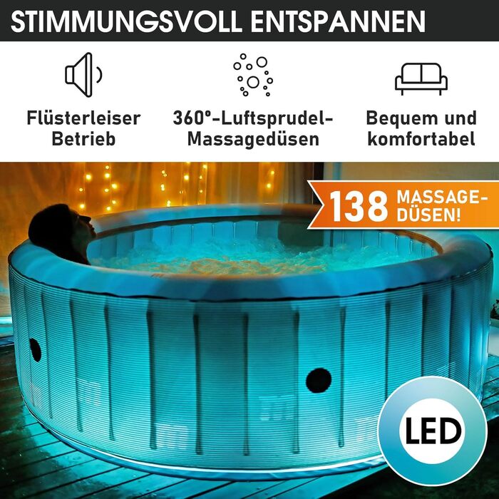 Надувний СПА-басейн BRAST MSpa Starry з LED-підсвіткою для 6 осіб, 204x70 см, 138 гідромасажних форсунок, енергозберігаючий таймер, функція нагріву та масажу, для вулиці та приміщення