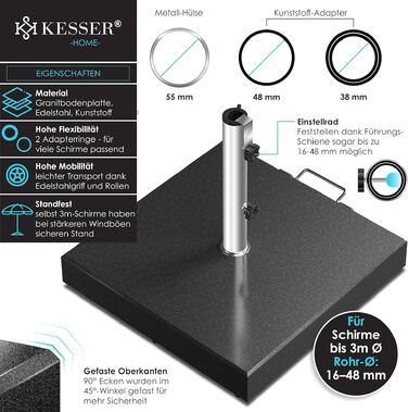 Підставка для парасольки KESSER Granit 30 кг, сталь, для саду/балкону, антрацит, квадратна, Ø16-48 мм