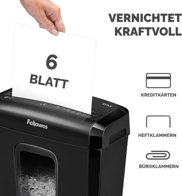 Шредер Fellowes Powershred FS-6C для дому та офісу, знищення документів (P4, міні-шредер), кошик 15л, чорний