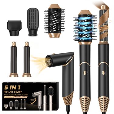 UKLISS Airstyler 5-в-1: Фен-щітка, стайлер для волосся з іонізацією, плойка, насадки для укладання (Чорний/Золотий)
