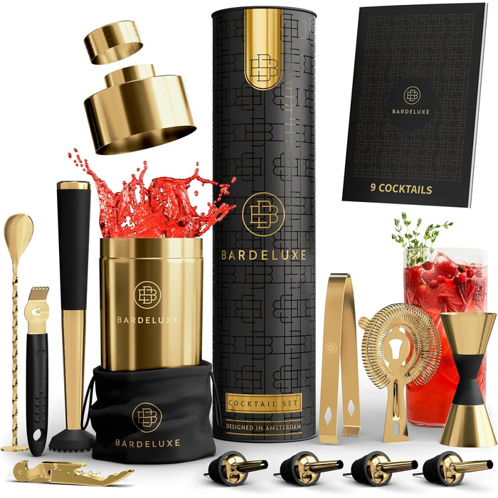 BarDeluxe 12-елементний набір для коктейлів, набір бармена з шейкером 750 мл із нержавіючої сталі, преміум подарунковий набір для приготування коктейлів з сумкою, глибоке золото