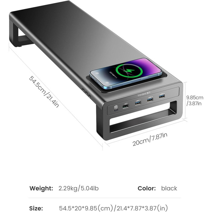 Підставка для монітора VAYDEER USB 3.0 з бездротовою зарядкою та передачею даних, металевий тримач для ноутбуків та комп'ютерів до 32 дюймів, чорний, L
