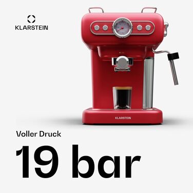 Кавомашина еспресо Klarstein Espressionata evo з капучинатором, 1.2л, 950 Вт, нержавіюча сталь, червона – ретро міні-кавоварка для капучино, лате та макіато