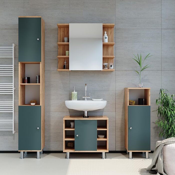 Шафа для ванної Vicco Fynn, середня, зелена/дуб золота, 30x95x30 см