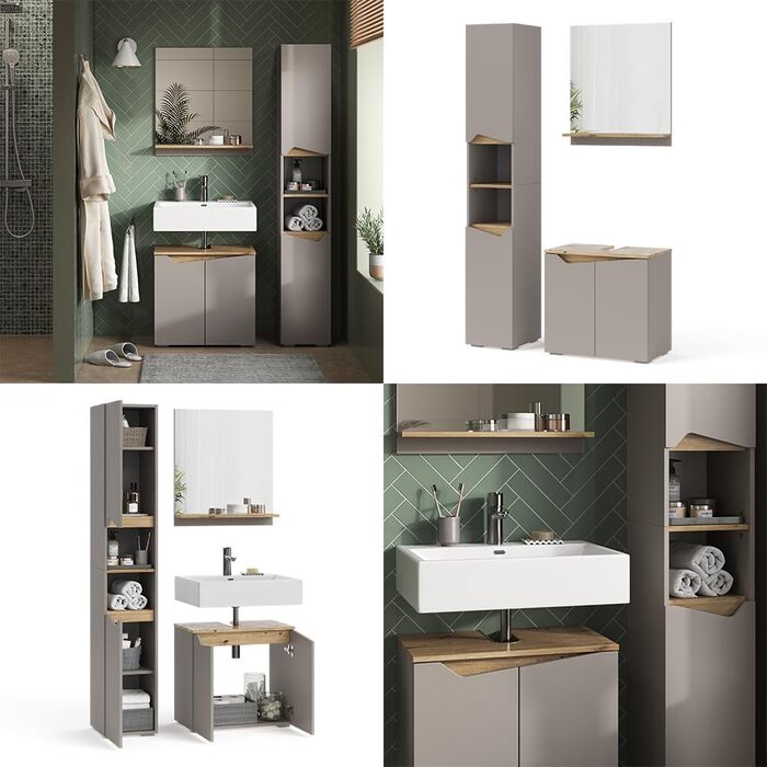 Висока шафа для ванної Vicco Marelle, грейж/дуб Артизан, 30x180 см, з дверцятами та відкритими полицями