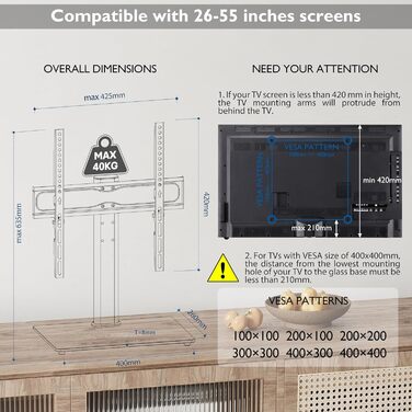 Універсальна підставка для телевізора BONTEC, регульована по висоті, для LCD/LED/OLED/Plasma телевізорів і моніторів 26-55 дюймів, до 40 кг, VESA 400x400 мм