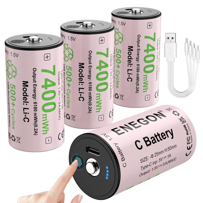 Акумулятори ENEGON Li-Ion C (LR14) 1.5V 7400mWh з USB-C портом для зарядки, фіолетові, 4 шт. в комплекті