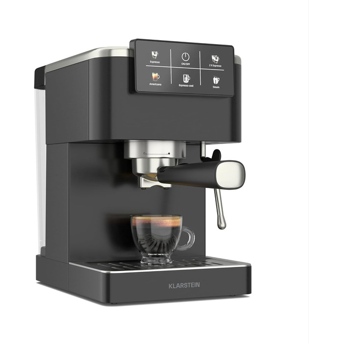 Klarstein SteelPresso Touch: Еспресо-машина з нержавіючої сталі, 20 бар, 1350 Вт, з інтегрованим капучинатором та сенсорним дисплеєм. Компактна кавомашина Klarstein чорного кольору.