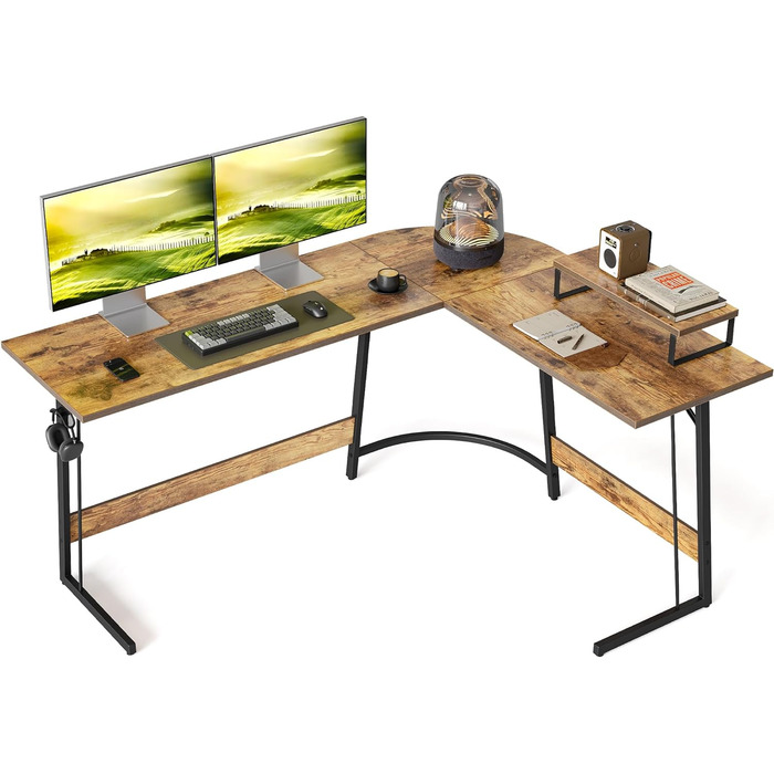 Кутовий письмовий стіл CubiCubi 150x120 см, L-подібний комп'ютерний стіл для офісу з моніторною підставкою та шухлядами, компактний, коричневий