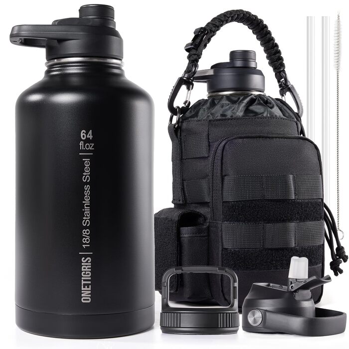 Термос-фляга OneTigris 1.9л (64oz) з чохлом, чорна: спортивна, для велосипеда, кемпінгу, йоги, полювання, риболовлі