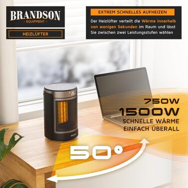 Тепловий обігрівач Brandson ECO Design з дистанційним керуванням, ECO-режимом та осциляцією, 2 рівні потужності, захист від перегріву та перекидання, колір Cool Grey