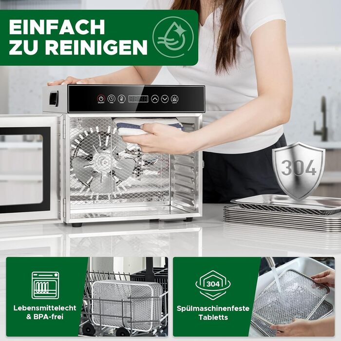 Сушарка для продуктів Kwasyo Edelstahl 750W з 8 рівнями, цифровим таймером, регулюванням температури та захистом від перегріву