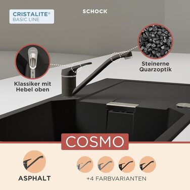 Кухонний змішувач SCHOCK COSMO Asphalt: одноважільний змішувач високого тиску з фіксованим виливом, поворот на 360°, посилений потік води, компактний дизайн