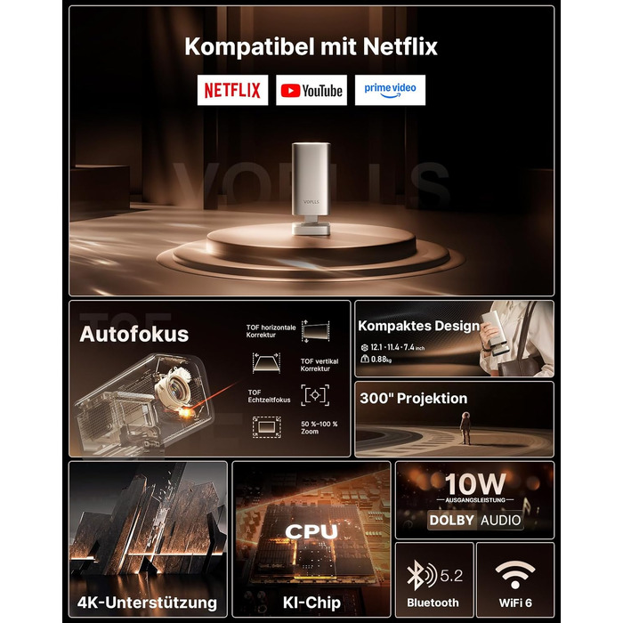 Smart проектор 4K VOPLLS Heimkino: Netflix, 30000 люмен, WiFi 6, Bluetooth, FHD 1080P, Автофокус, Корекція трапеції, Золотий