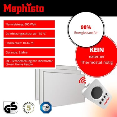 Інфрачервоний електрообігрівач Mephisto 600W для стін, стелі та підлоги з термостатом, WiFi, дистанційним керуванням, енергоощадний, комплект для підлоги