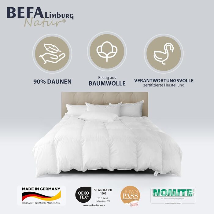 BEFA NATUR Daunendecke 'Ганцйар' 135x200 см: 90% пух, 10% перо, 624г, для алергіків, сертифікат DOWNPASS, Oeko-Tex® Клас 1, Made in Germany