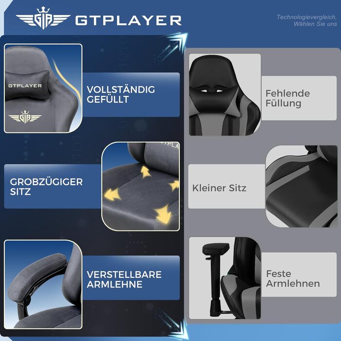Ігрове крісло GTPLAYER, ергономічне офісне крісло з дихаючої тканини, регульована спинка 160°, висувна підставка для ніг, сіре
