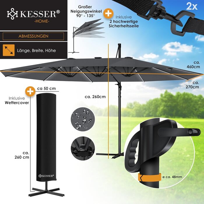 Двомісний парасольковий тент KESSER 4,6x2,7 м з LED, алюмінієвий, водостійкий, з підставкою, вітрозахист, антрацит, 360° обертання, кривошип, нахил