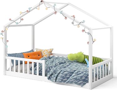 Дитяче ліжко-домік Bellabino Bia 80x160 см, біле, з бортиком і основою, Montessori підлогове ліжко з масиву сосни