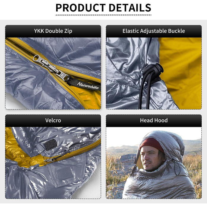 Ультралегкий спальний мішок Naturehike CW400 RDS пух, 4 сезони, компактний для кемпінгу та подорожей, сірий, розмір M (температура комфорту 6°C)