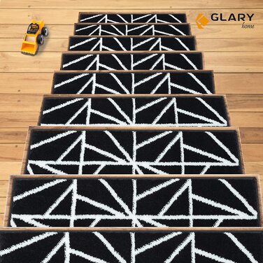 Набір 15 килимків на сходи Glary Home, самоклеючі, 22x71x1,2 см, трикутний візерунок, біло-чорний