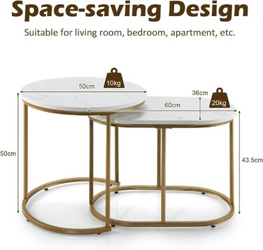 Комплект столиків LIFEZEAL 2 шт, сучасні журнальні столики з мармуровою стільницею, круглі кавові столики з золотим металевим каркасом для вітальні, спальні та офісу, білий і золотий
