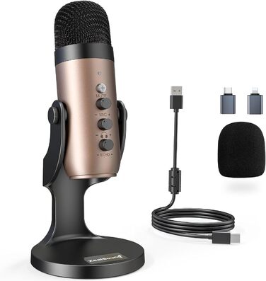 Zealsound USB мікрофон K66 Gold для ПК, смартфонів, PS4/5, конденсаторний, з шумозаглушенням, кнопкою вимкнення та ехоефектом, для ігор, запису, стрімінгу, YouTube, сумісний з Mac та Windows