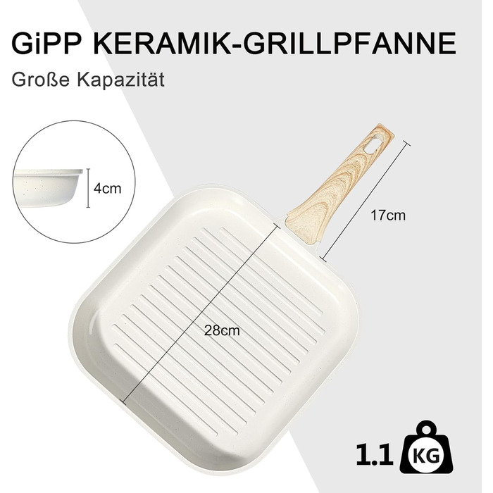 Сковорода-гриль GiPP 28 x 28 см з антипригарним покриттям, для стейків, сумісна з індукцією, без PFOA, для всіх плит, легко миється, біла