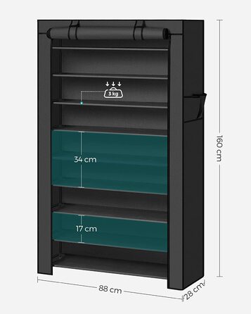 SONGMICS металевий стелаж для взуття на 10 рівнів, 28x88x160 см, з пилозахисним чохлом, органайзер для взуття, для підборів і спортивного взуття, чорний