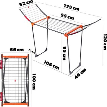 Сушарка для білизни KADAX з нержавіючої сталі, 175x55x120 см, антрацит/сірий, з розкладними крилами та нековзними ніжками