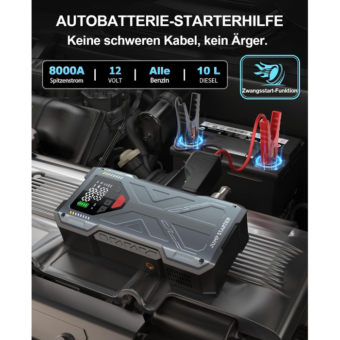 Пусковий пристрій (бустер) для авто Starthilfe 8000A з компресором 150 PSI, Powerbank 12V для бензинових та дизельних двигунів до 10л, LED-дисплей, сірий