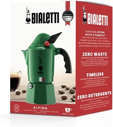 Bialetti Express Alpina — алюмінієва гейзерна кавоварка для плити, 3 чашки (130 мл), зелена